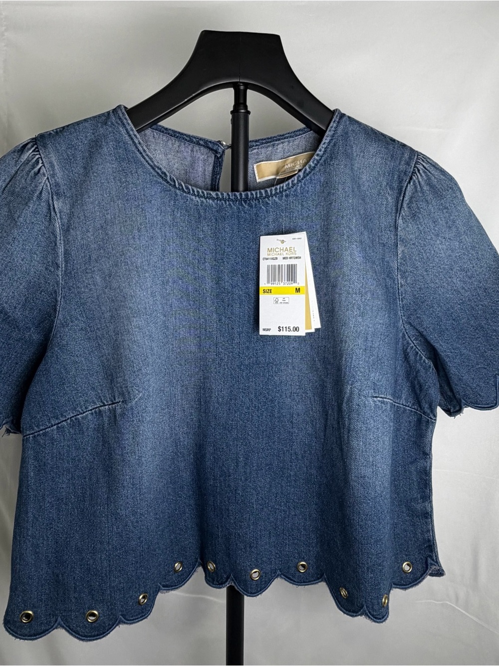 MICHAEL Michael Kors Blue Denim Scalloped-Hem Short Sleeve Top M